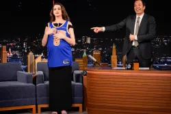 THE TONIGHT SHOW STARRING JIMMY FALLON -- Episode 2350 -- Pictured: (l-r) Actress Anne Hathaway during an interview with host Jimmy Fallon on Wednesda